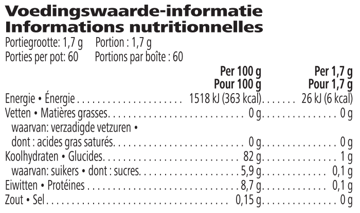 Voedingswaarden Herbalife Instant Kruidendrank – Thermojetics Original 102g