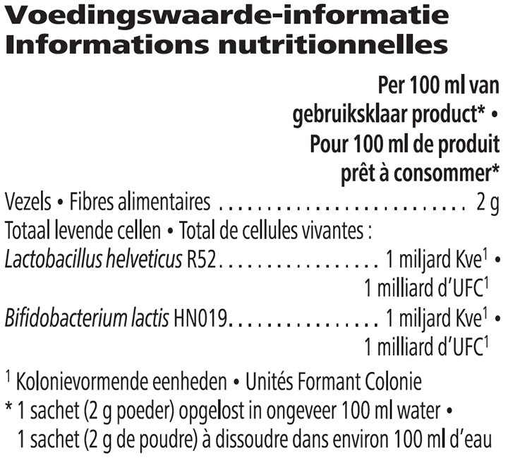 Voedingswaarden Microbiotics Max – Probiotica & Prebiotica (30 zakjes)