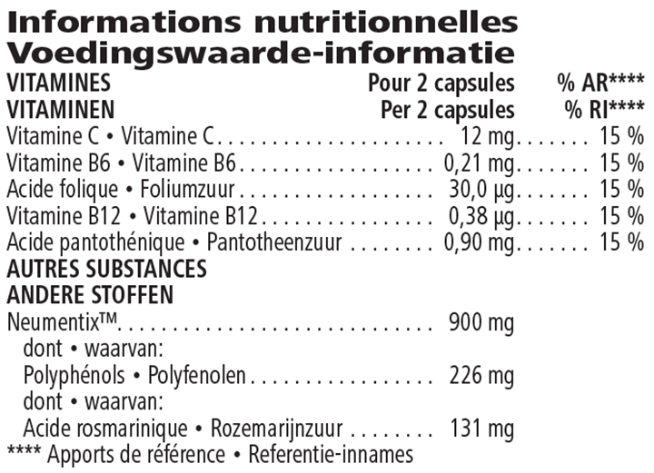 Voedingswaarden Active Mind Complex – Mentale Prestaties & Zenuwstelsel (60 capsules)