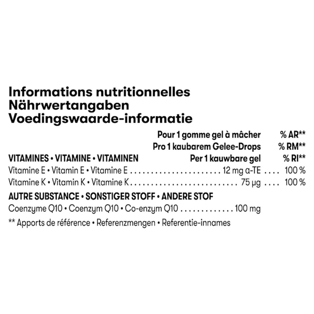 Voedingswaarden CoQ10Vita Kersen – CoQ10, Vitamine K & E (30 kauwbare gels)