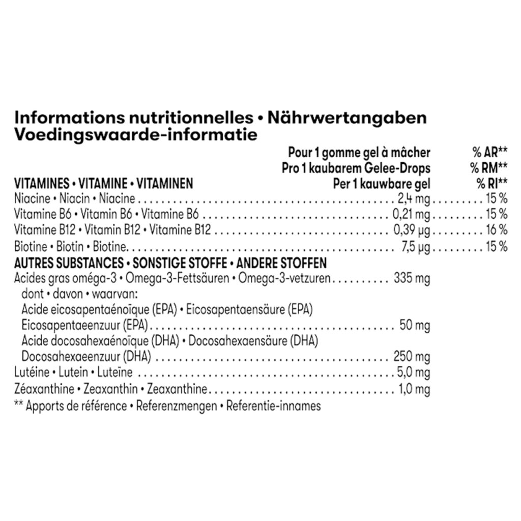 Voedingswaarden MindVita Kids Citroen-Bessen – Omega-3 & B-vitamines (30 kauwbare gels)
